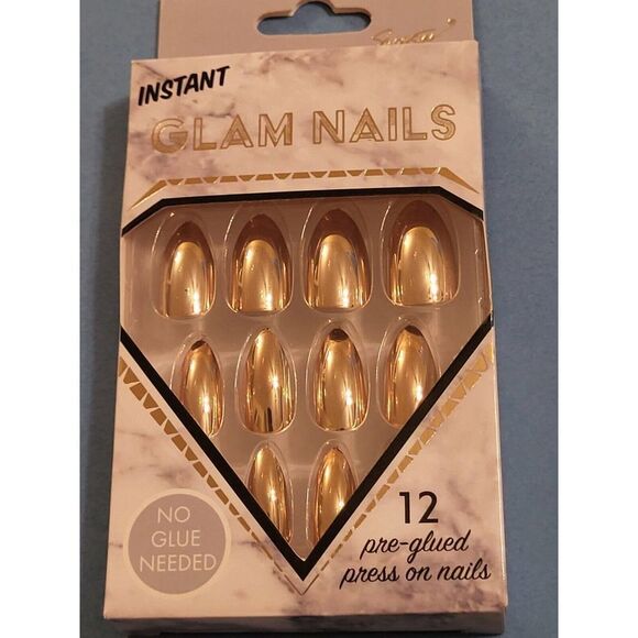 2 INSTANT GLAM NAIL METALIC COLOR PRESS ON FAKE NAILS. BX OF 12 GOLD - Picture 1 of 5